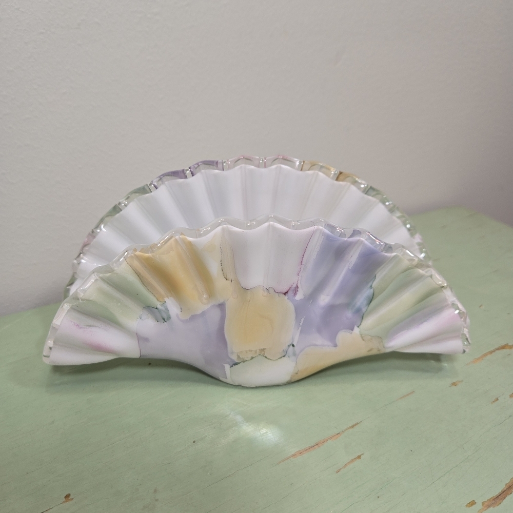 Glass Ruffled Fan Pastel Water Color Napkin Letter Holder Vintage